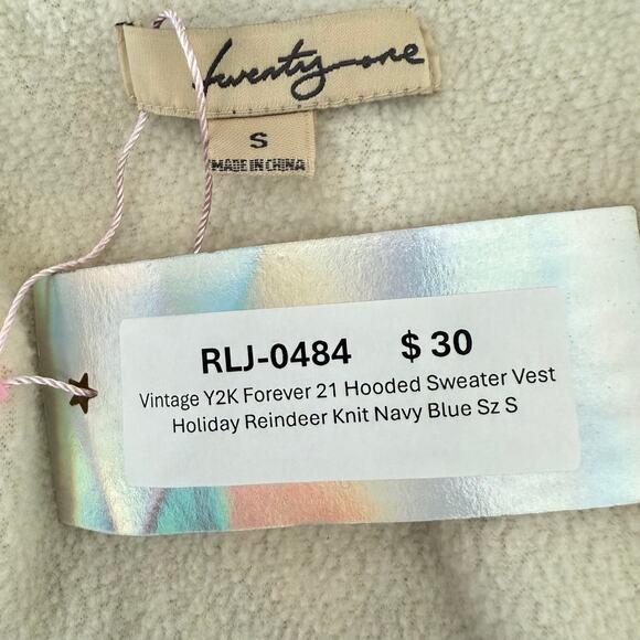 Vintage Y2K Forever 21 Hooded Sweater Vest Holiday Reindeer Knit Navy Blue Sz S - Picture 6 of 8
